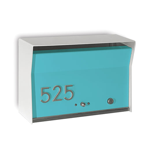RetroBox Locking Wall Mount Mailbox in arctic white and aqua